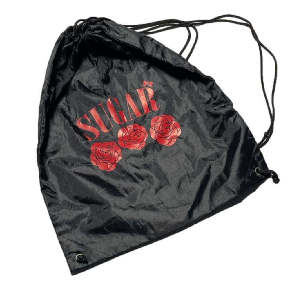 SUGAR & RED ROSES drawstring nylon bag with double cord straps, black & red